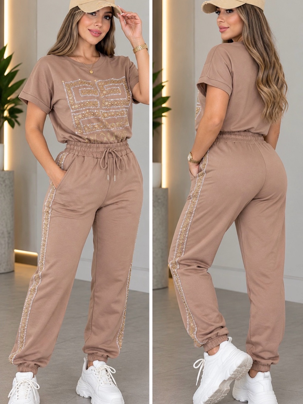 Sequin-Trim Drawstring Joggers Set Two Piece Matching set - Taupe size S
